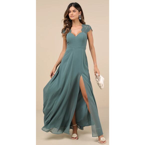 Lulus Dresses & Skirts - Lulus New! Dark Sage Green Lace Backless Maxi Dress Wedding Cocktail Vacay M